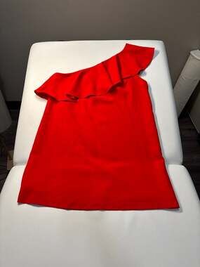 Sugar + Lips Red One Shoulder Ruffle Trim Tunic Dress